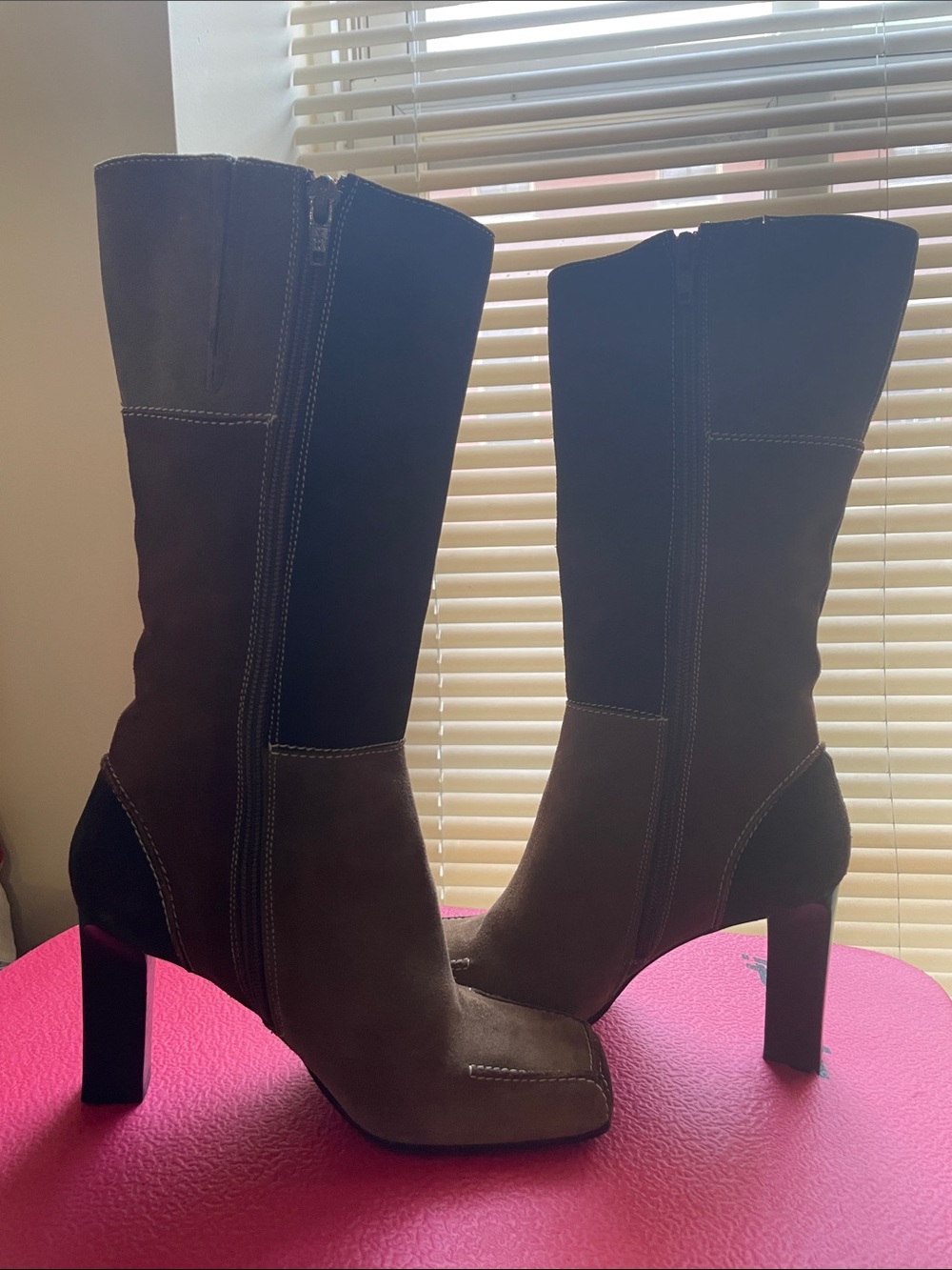 Via Spiga Two-Tone Taupe and Black High Heel Mid-Calf Boots - Picture 3 of 8